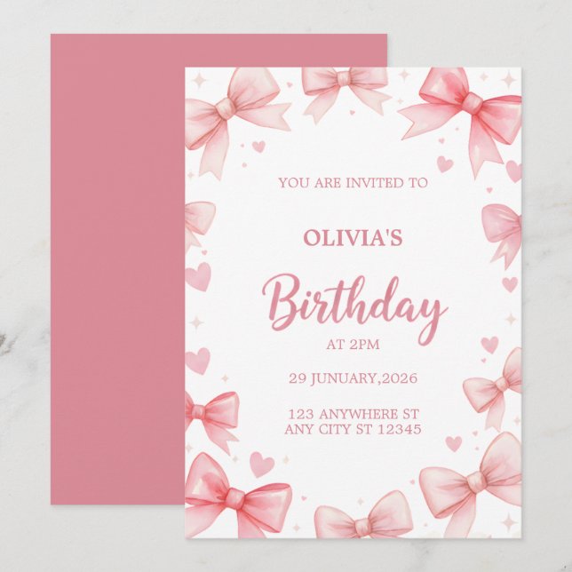 Girl Birthday Invitation Pink Bow Sweet Kids Party (Front/Back)