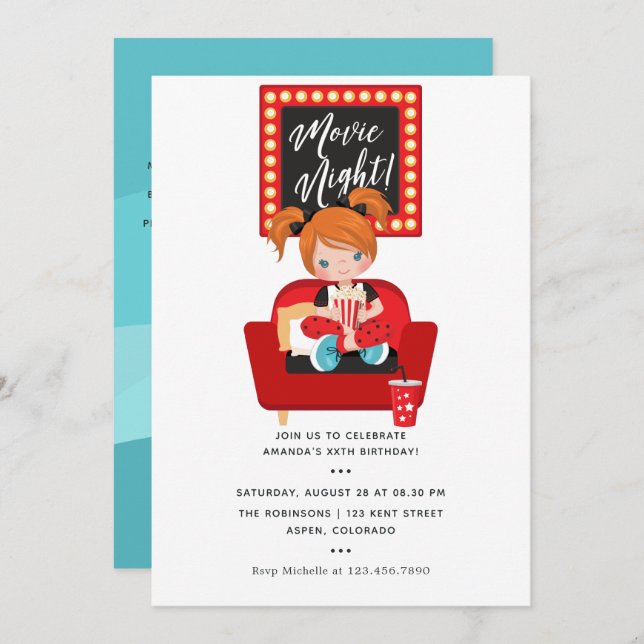 Girl Birthday Movie Night Sleepover Party Invitation (Front/Back)