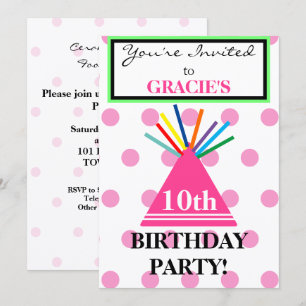 Girl Birthday Party Hat Pink Polka Dots Invitation