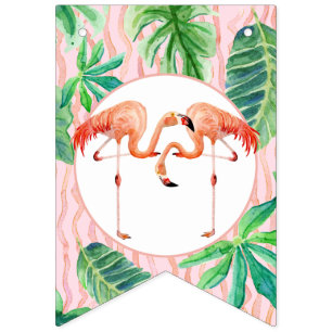 Girl Birthday Party Pink Flamingo Leaf Watercolor Bunting