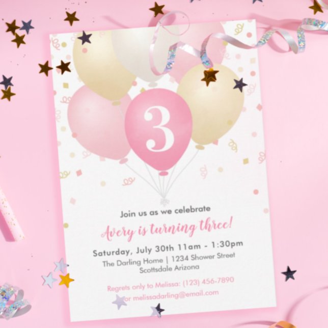 Girl Birthday Party Pink, Gold & White Balloons Invitation (Creator Uploaded)
