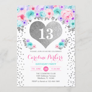 Girl Birthday Party - Silver Teal Purple Pink Invitation