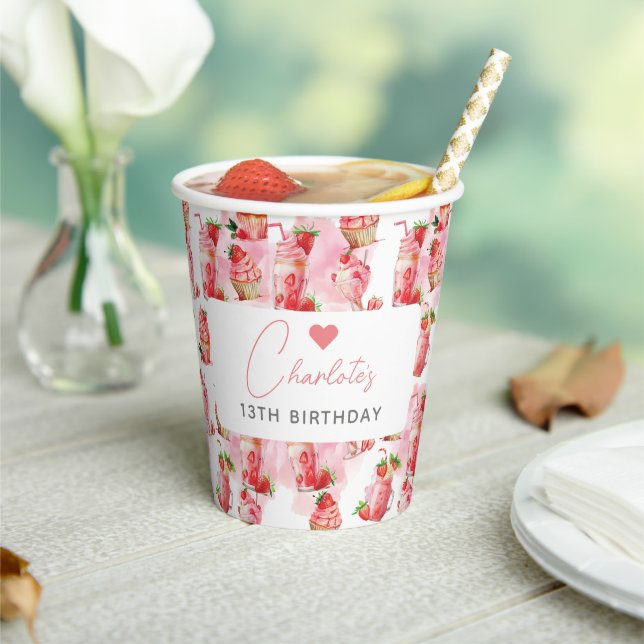 Girl Birthday Personalised Strawberry Milkshake  Paper Cups (Insitu)