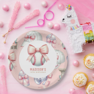 Girl Birthday Personalized Pink Baseball Bow Paper Plate
