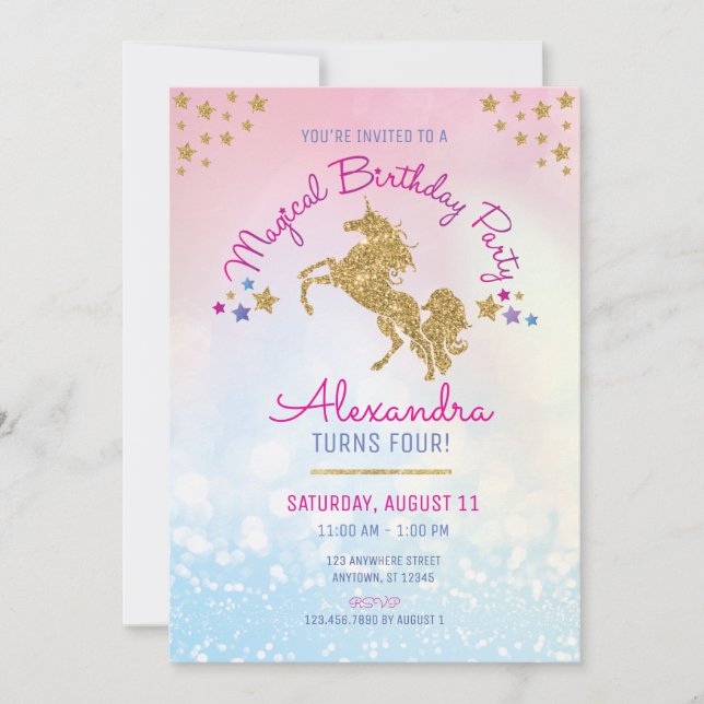 Girl Birthday Pink Gold Unicorn Glitter Invitation (Front)
