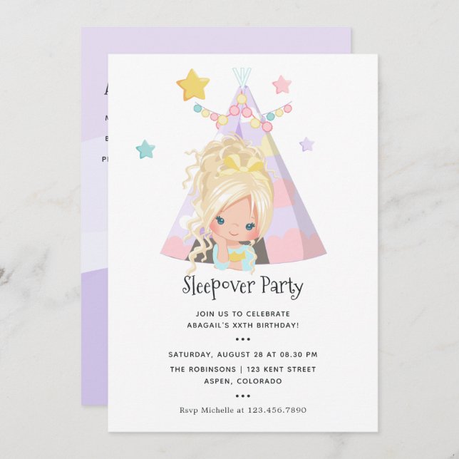 Girl Birthday Slumber Party Invitation (Front/Back)