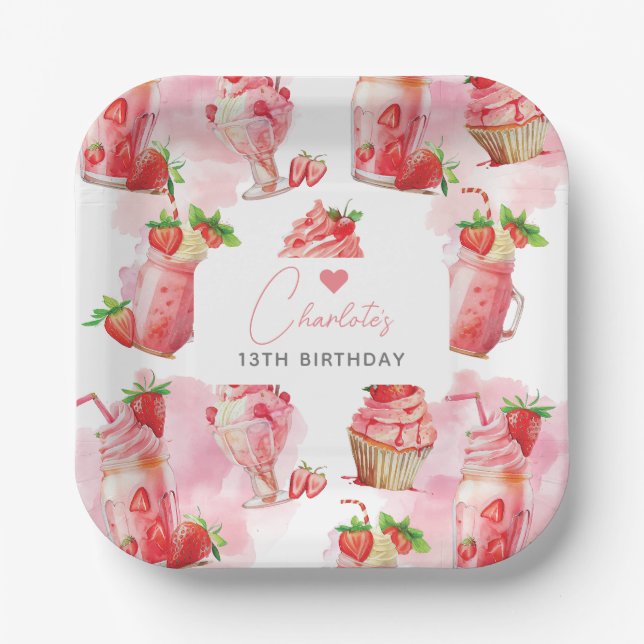Girl Birthday Strawberry Milkshake Personalised Paper Plate (Front)