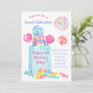 Girl Birthday Watercolor Candy Sweet Birthday Invitation