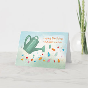 Girl Birthday Watering Can Sprinkling Hearts Card