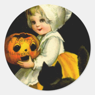 Girl & Black Cat Classic Round Sticker