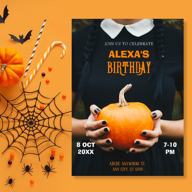  Girl black dress holding pumpkin birthday Invitation (Creator Uploaded)