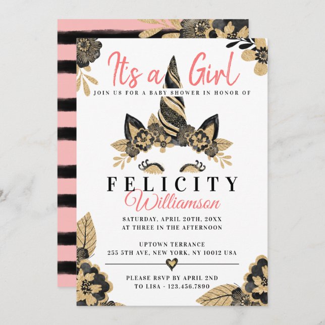Girl Black Gold Unicorn Baby Shower Invitation (Front/Back)