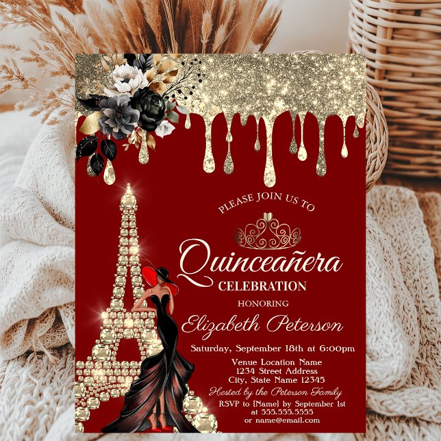 Girl Black Roses Eiffel Tower Gold Drips Red Invitation (Creator Uploaded)