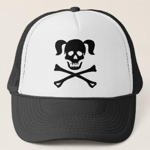 Girl Black Skull With Pig Tails Trucker Hat