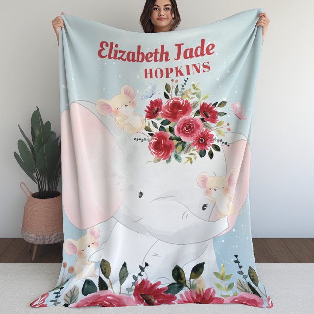 Girl Blanket with Elephant Burgundy Maroon Flowers (Girl Blanket with Elephant Burgundy Maroon Flowers (L))