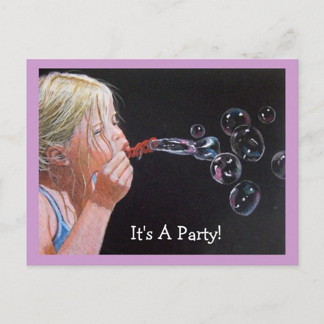 Girl Blowing Bubbles: Birthday Party Invitation (Front)