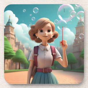 Girl Blowing Bubbles Clouds Coaster Set
