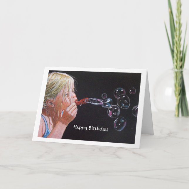 Girl Blowing Bubbles: Original Colour Pencil Art Card (Front)