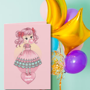 Girl Blowing Pink Bubble Gum Bubble, Birthday Card