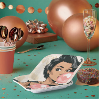 Girl Blowing Pink Bubble Gum Bubble Fun Cute Paper Plate
