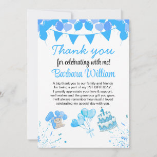 Girl Blue Bear 1st Birthday Thank You Card