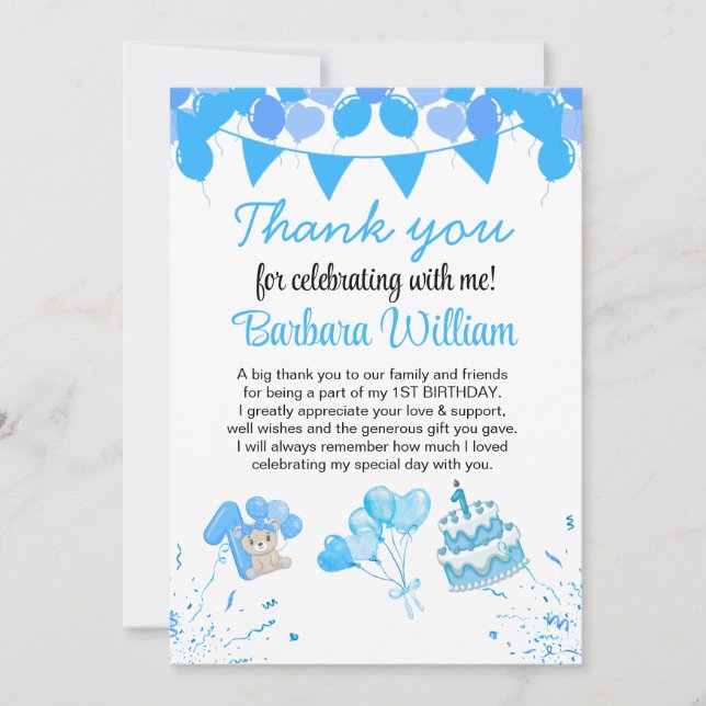 Girl Blue Bear 1st Birthday Thank You Card (Front)