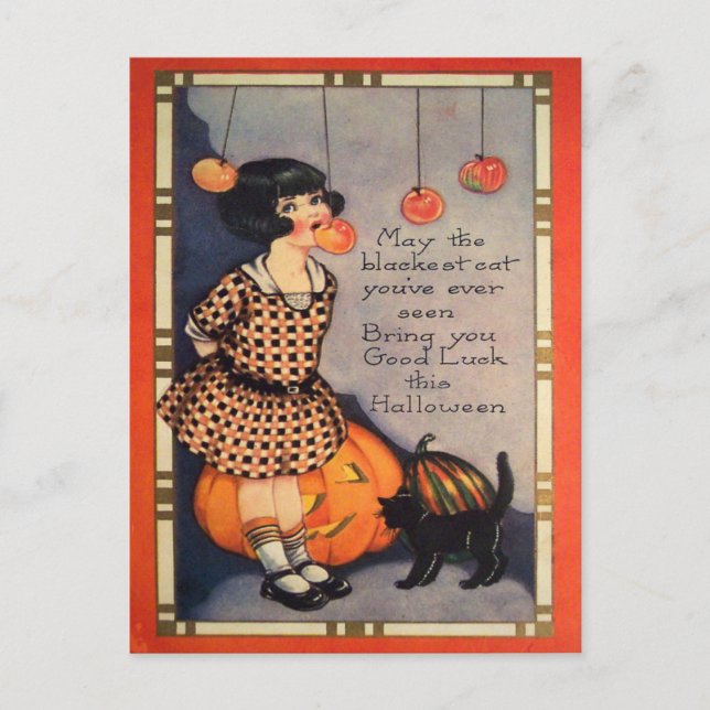 Girl Bobbing For Apples Black Cat Pumpkin Holiday Postcard (Front)