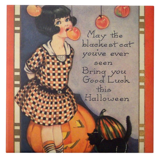 Girl Bobbing For Apples Black Cat Pumpkin Tile (Front)