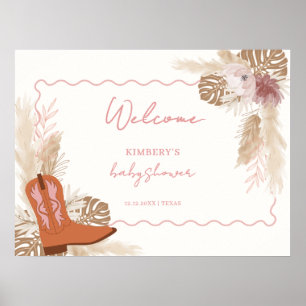 Girl Boho Cowgirl Boots Pampas Baby Shower Welcome Poster