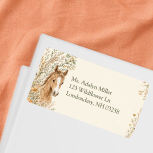 Girl Boho Orange Wildflower Horse Birthday Address Label