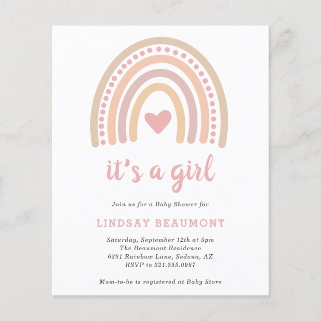 Girl Boho Rainbow Budget Baby Shower Invitation (Front)