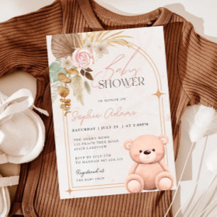 Girl Boho Teddy Bear Pink Baby Shower Invitation