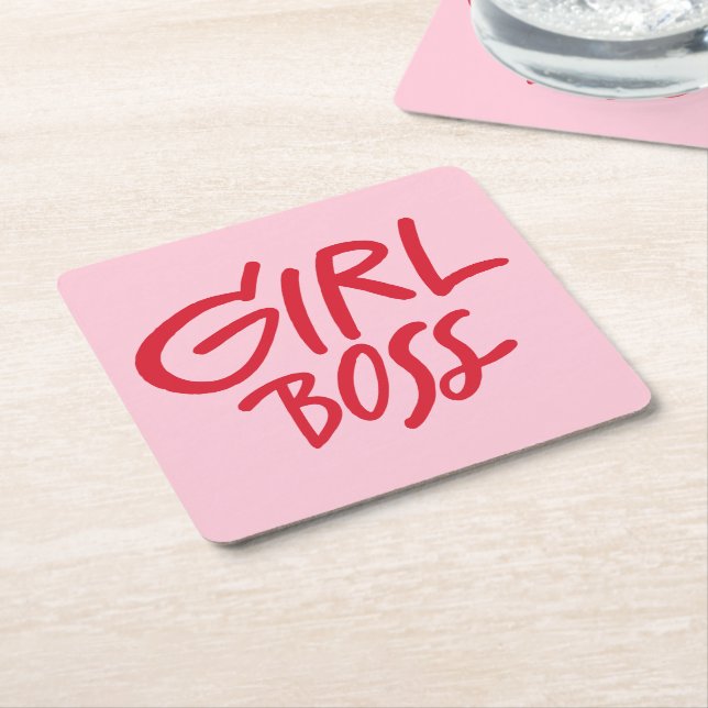 Girl Boss Bold Typography Red & Pink Feminine Square Paper Coaster (Angled)