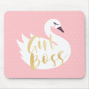 Girl Boss   Chic Girly White Swan & Polka Dot Mouse Pad