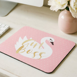 Girl Boss   Chic Girly White Swan & Polka Dot Mouse Pad