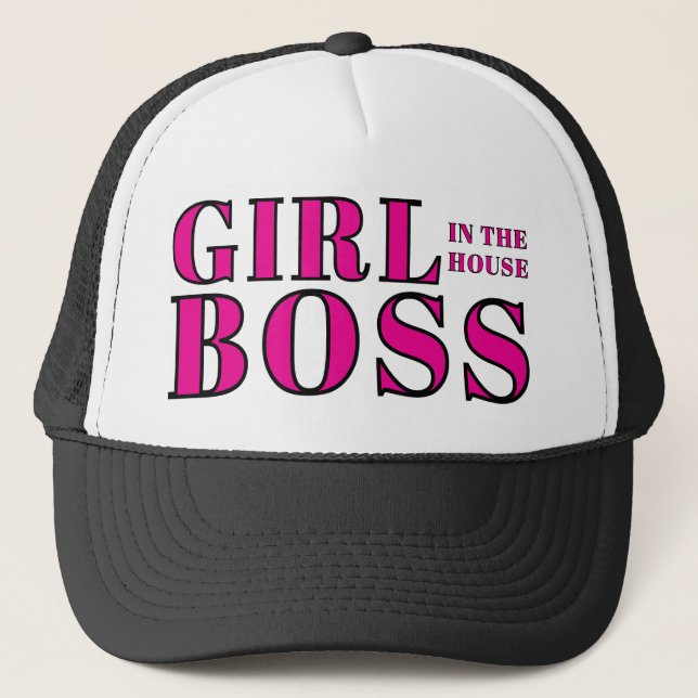 Girl Boss In The House Blank And Pink Gym Trucker Hat (Front)