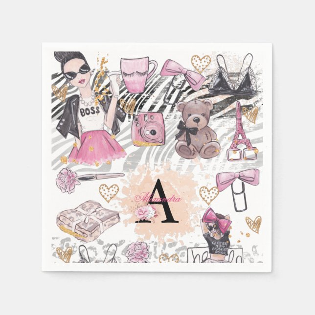 Girl Boss Luxury Zebra Pink Black Napkin (Front)
