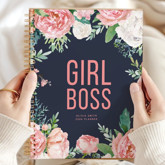 Girl Boss | Navy And Pink Floral Personalised Planner (Creator Uploaded)