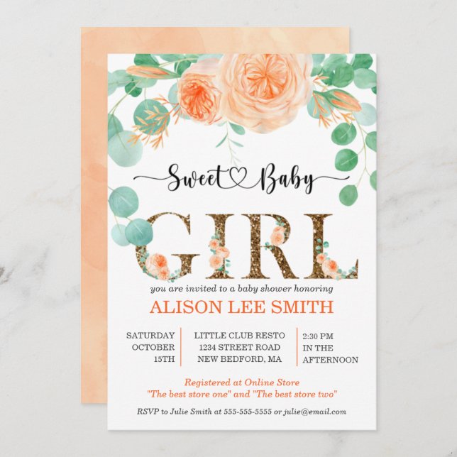 Girl Botanical teal and orange Baby Shower (Front/Back)