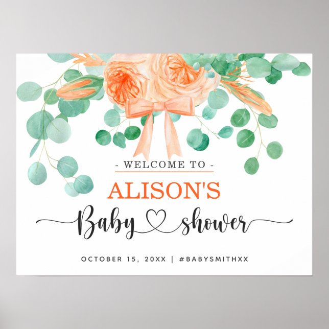 Girl Botanical teal and orange Baby Shower welcome Poster (Front)