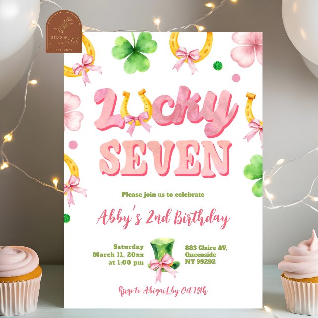 Girl Bow Glitter Lucky Seven St Patrick Birthday Invitation (Creator Uploaded)