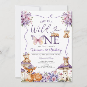 Girl Bow Purple Deer Woodland Wild One Birthday Invitation