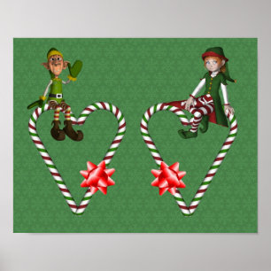 Girl Boy Elf Candy Cane Hearts Christmas Holiday Poster