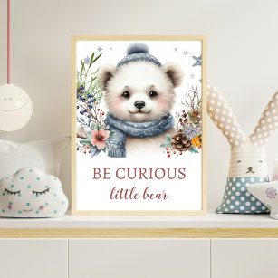 Girl Boy Neutral Nursery Room Winter Cute bear Poster
