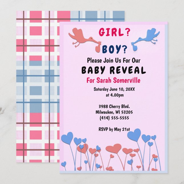 Girl, Boy Reveal, Storks, Heart Flower Baby Shower Invitation (Front/Back)