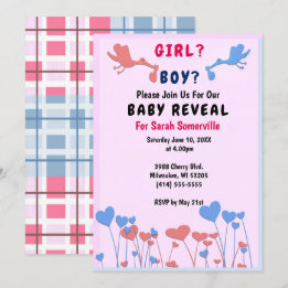 Girl, Boy Reveal, Storks, Heart Flower Baby Shower Invitation