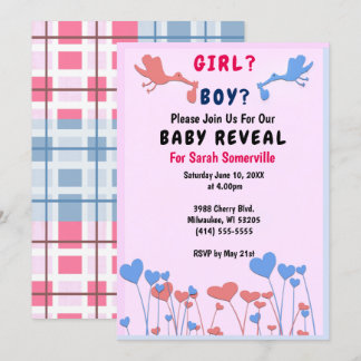 Girl, Boy Reveal, Storks, Heart Flower Baby Shower Invitation