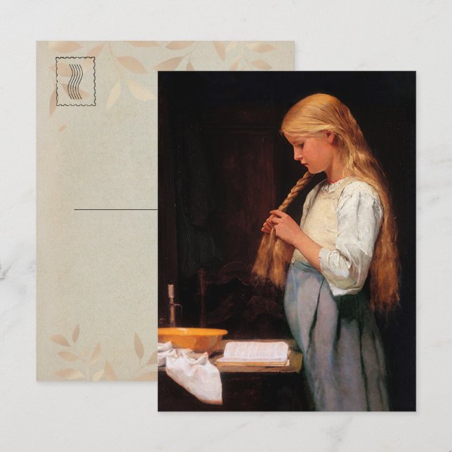 Girl Braiding Her Hair and Reading a Book Postcard (Front/Back)