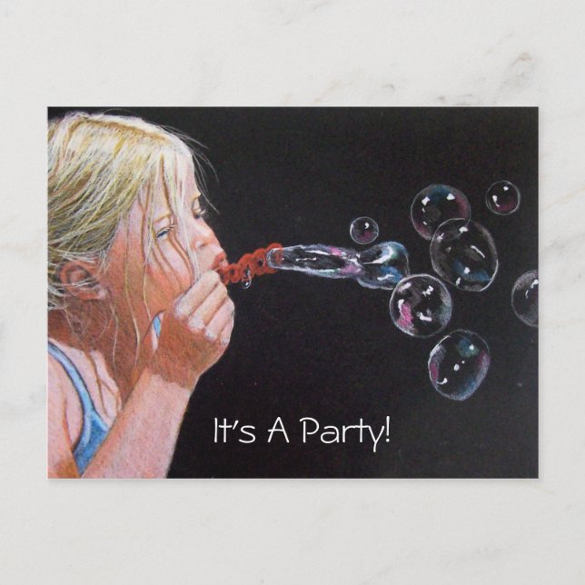 GIRL: BUBBLES: ART: PARTY: INVITATION POSTCARD (Front)