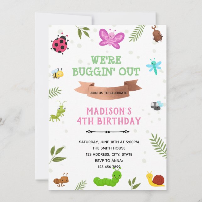 Girl bug insects theme  invitation (Front)